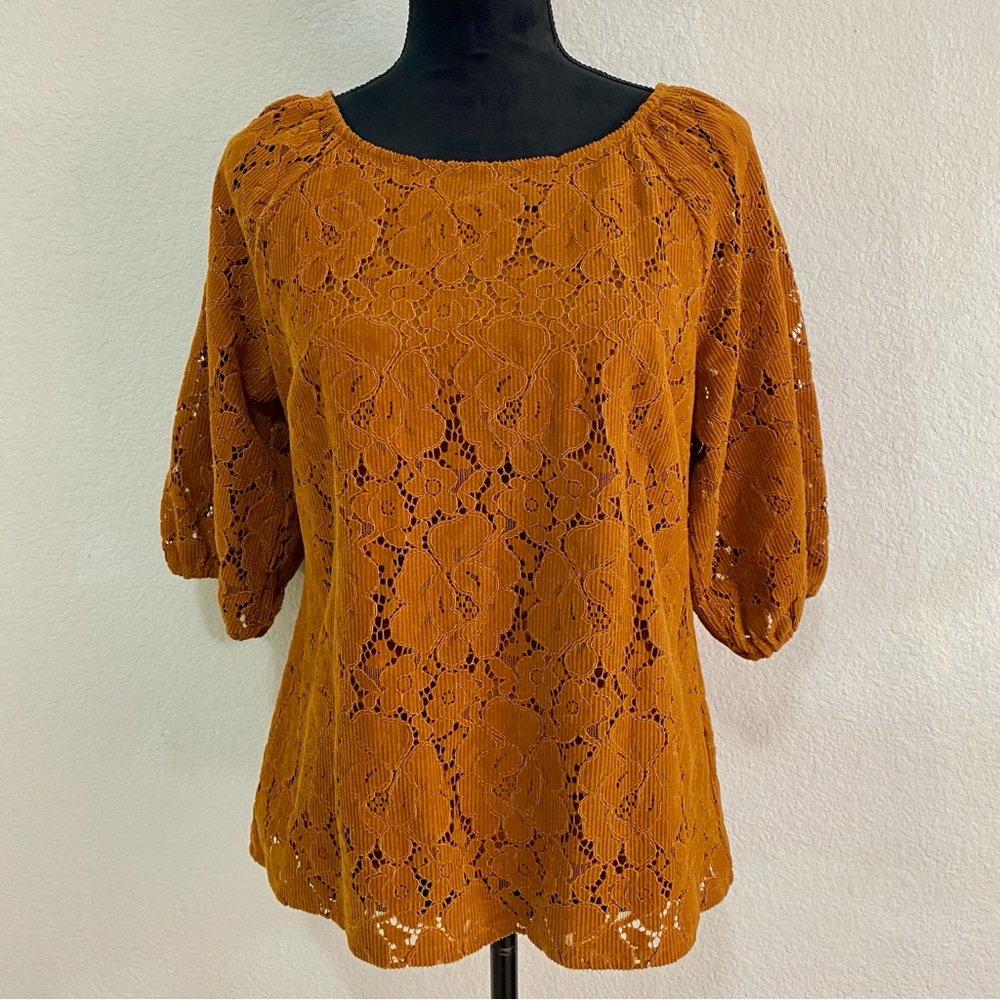 Dolan Rust Floral Textured Corduroy Lace Puff Sleeve Top Medium Boho